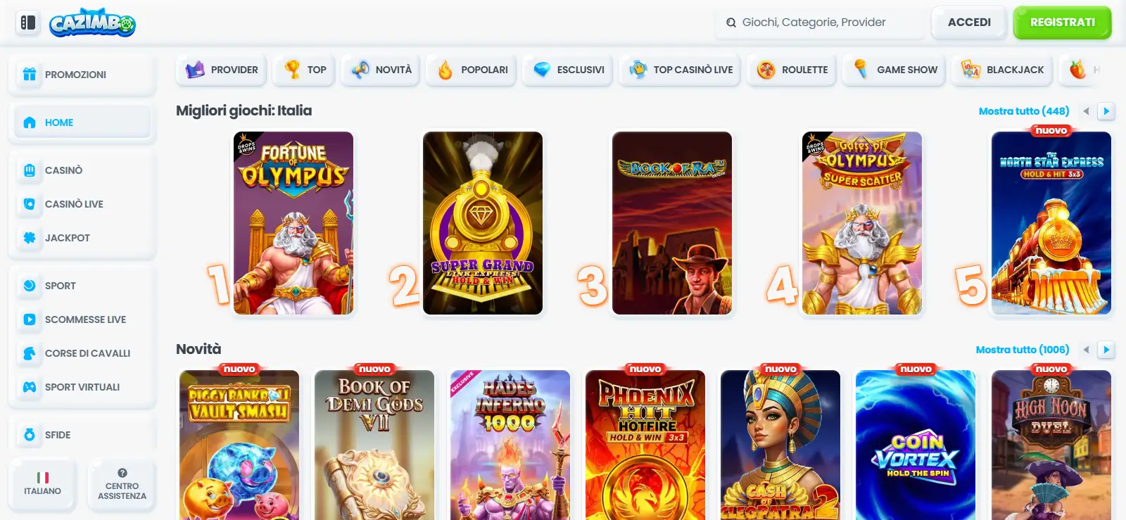 Lobby Cazimbo con categorie di giochi disponibili