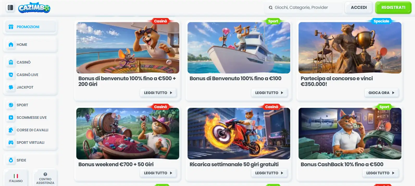 Sezione Sport Cazimbo con categorie di scommesse in italiano