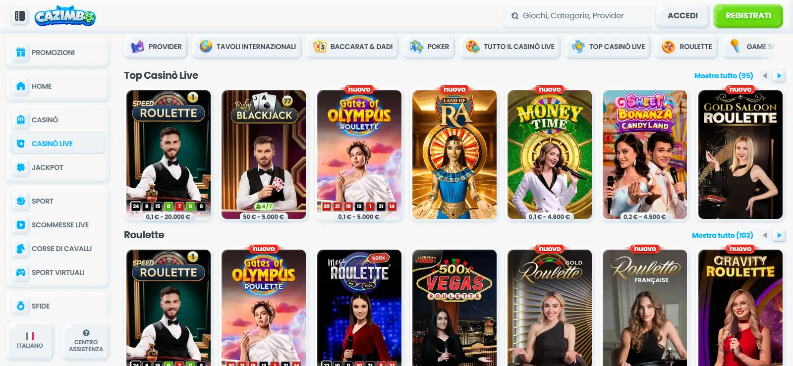Sezione Casinò Live Cazimbo con categorie di giochi dal vivo