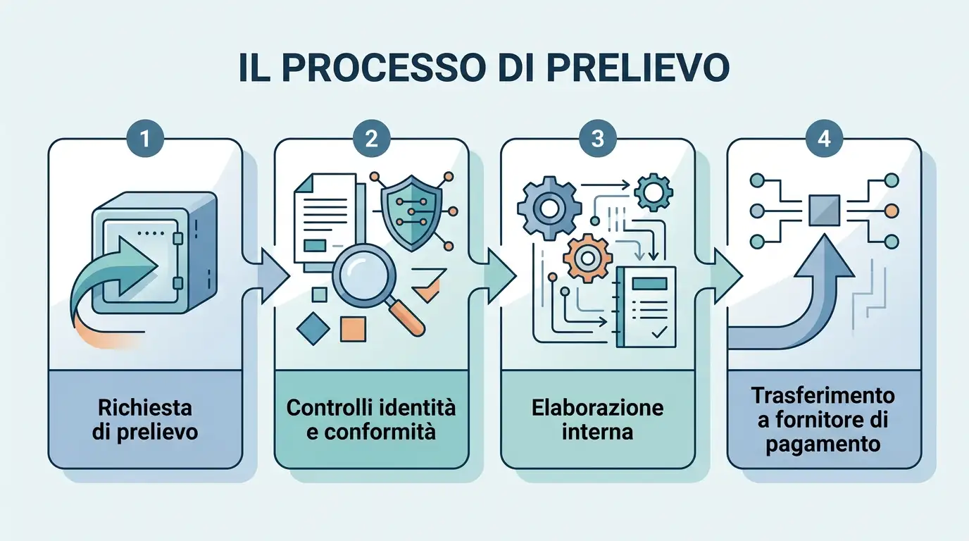 Illustrazione editoriale delle fasi di un prelievo, dalla richiesta ai controlli fino al provider di pagamento