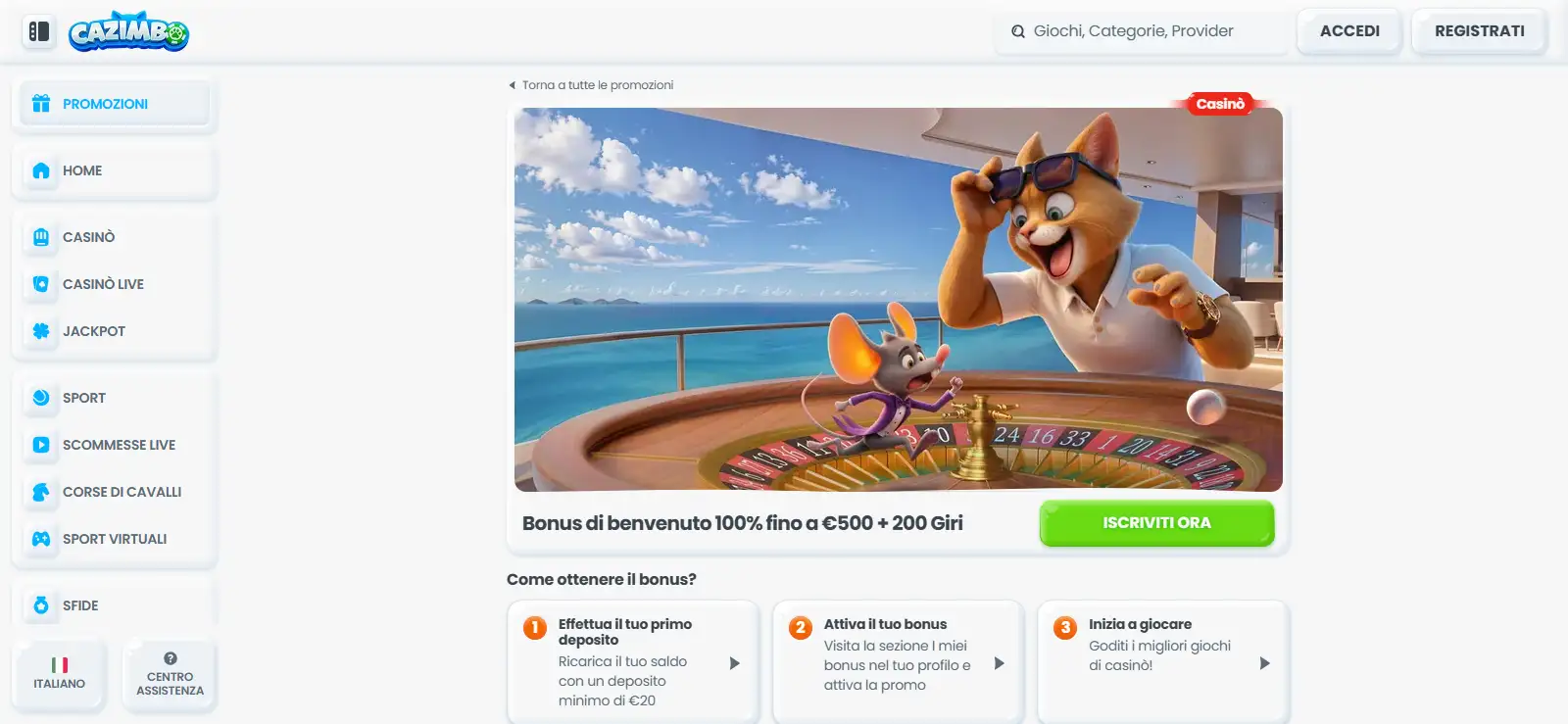 Pagina italiana del bonus di benvenuto Cazimbo con importo e condizioni principali