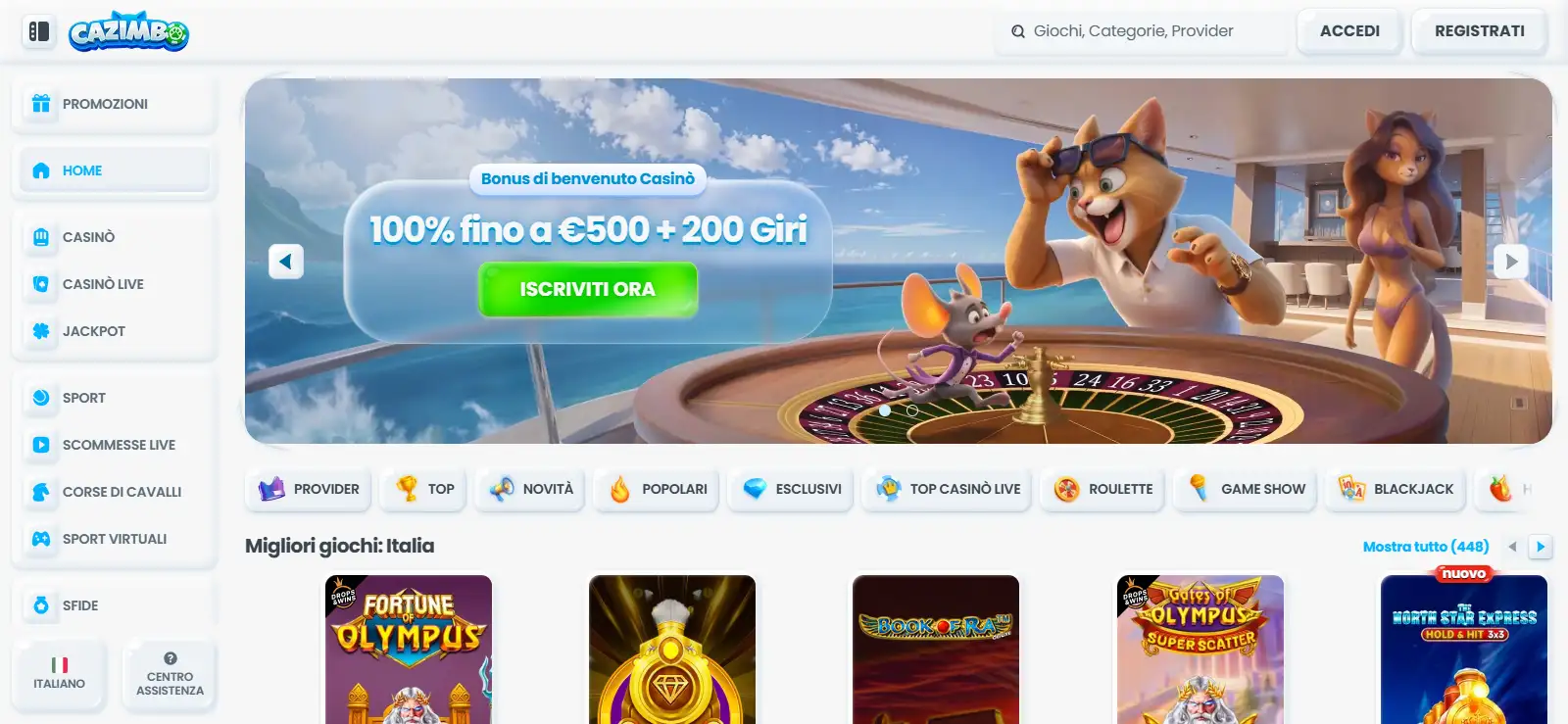 Homepage italiana di Cazimbo con navigazione casinò, live casino e sport